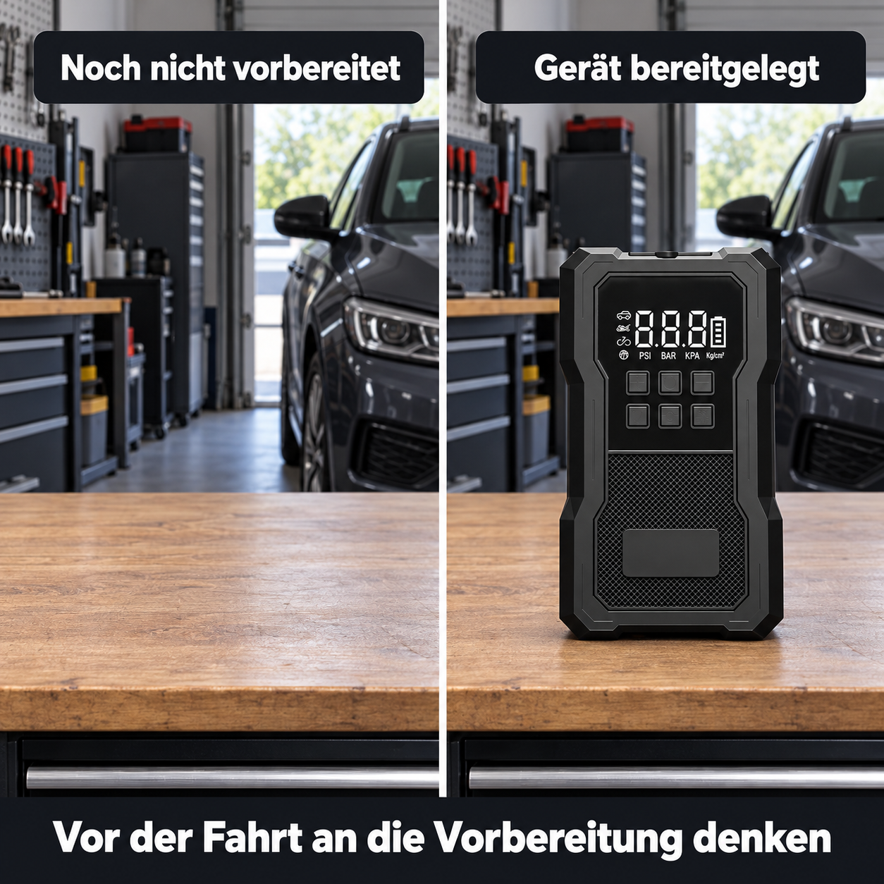 Gleicher Garagenarbeitsplatz ohne Gerät und mit einem bereitgelegten Kombigerät