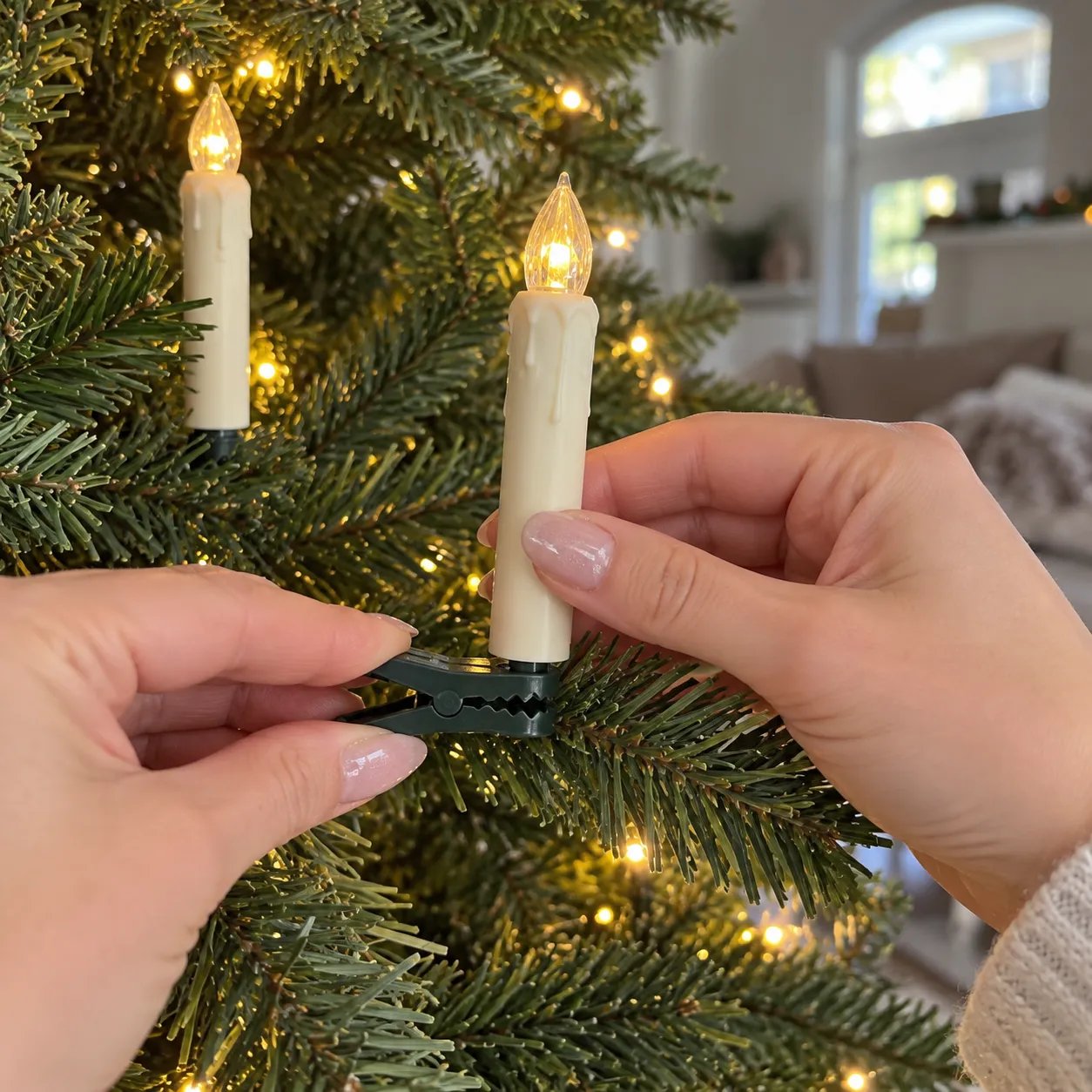 Hände beim Anklipsen einer flammenlosen LED-Kerze an einen Weihnachtsbaumzweig