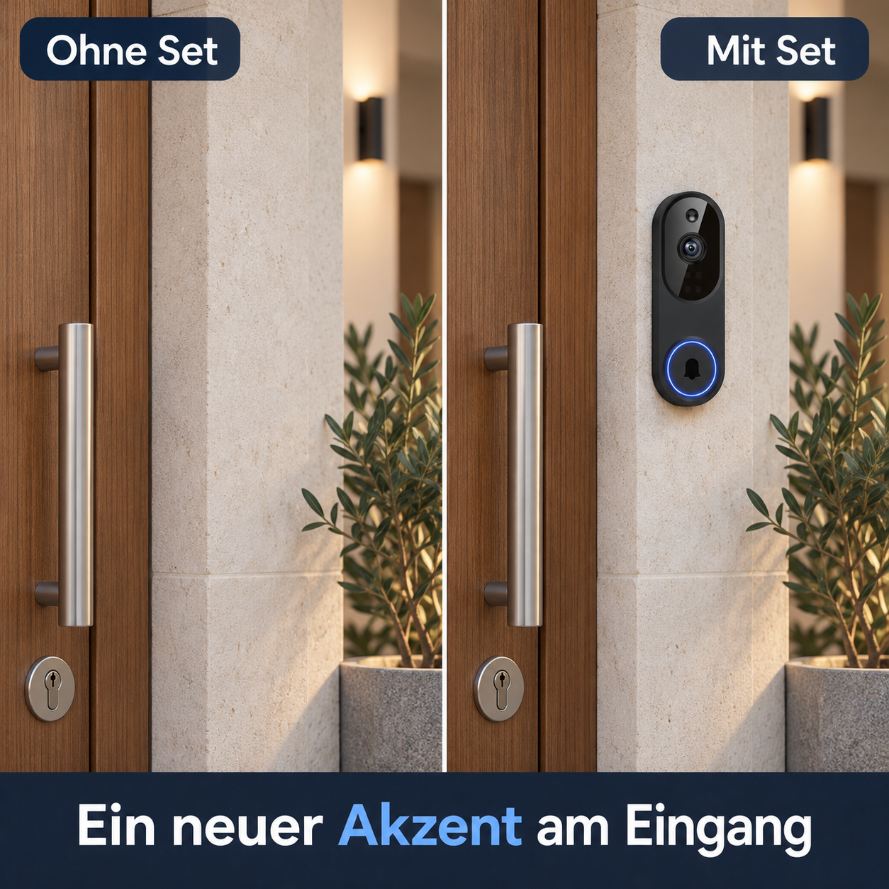 Identische Eingangsszene ohne Türklingel links und mit schwarzer M50 rechts