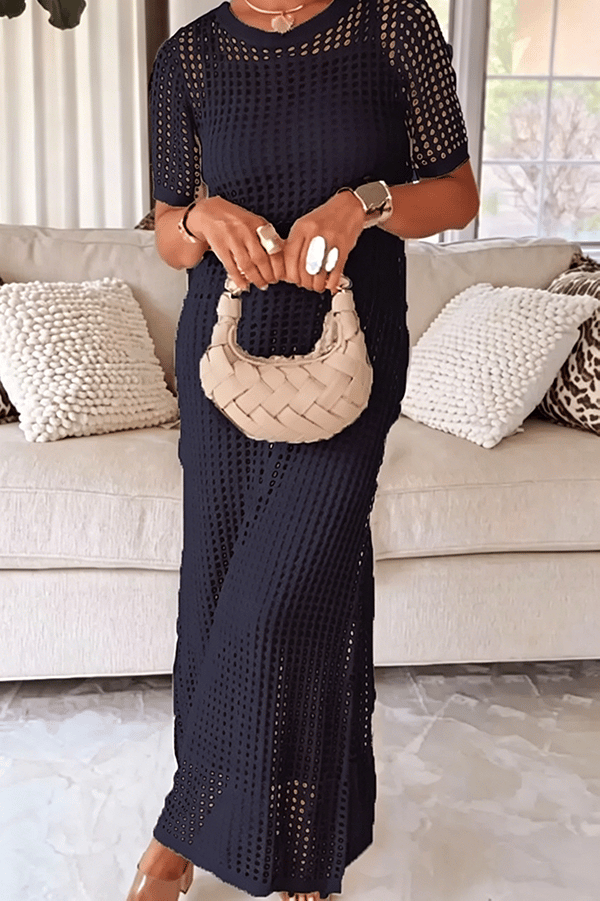 Open-Knit Breathable Long Cover-Up Dress — 2-Piece Set