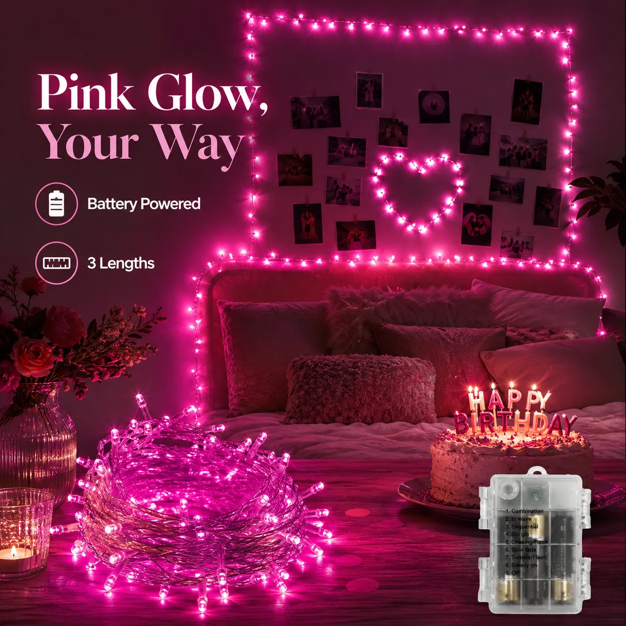 Vivid Pink Battery-Operated LED String Lights