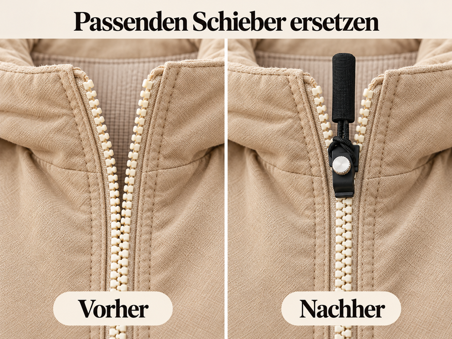 Illustration: derselbe Jackenreißverschluss vor und nach dem Einsetzen eines passenden Ersatzschiebers