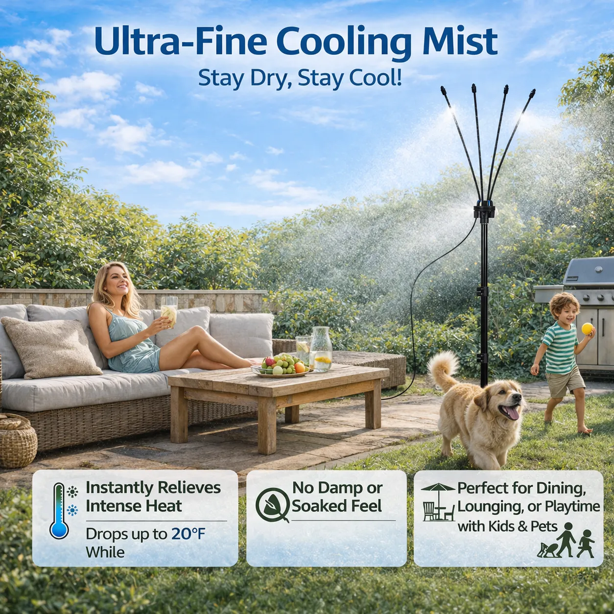 🌡 Portable Misting System: Drop your patio temperature by 20°F instantly without using a single watt of electricity. 🌬️
