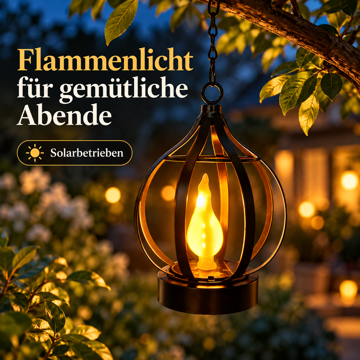 Schwarze Solar-Flammenlaterne mit warmgelbem LED-Licht an einem Gartenast