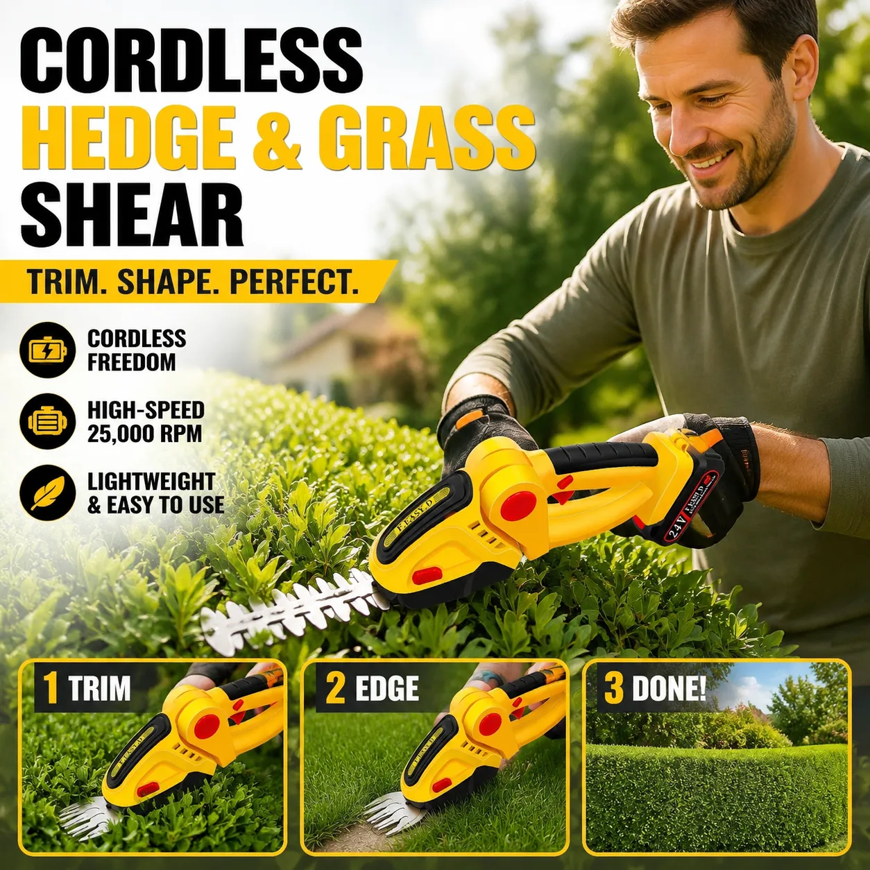 🌿 Cordless Hedge Trimmer (24V Battery Included)