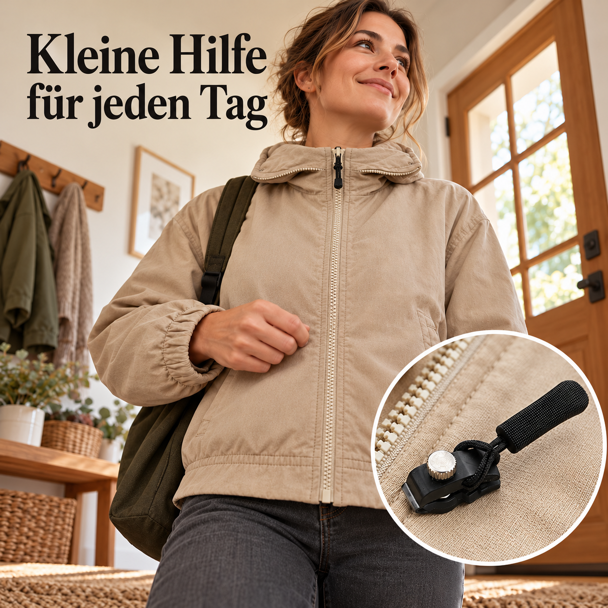 Ersatzschieber mit Nylonlasche an einer Jacke im Alltag