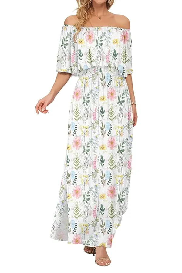 Women’s Off-Shoulder Boho Maxi Dress with Ruffle Sleeves & Side Slit