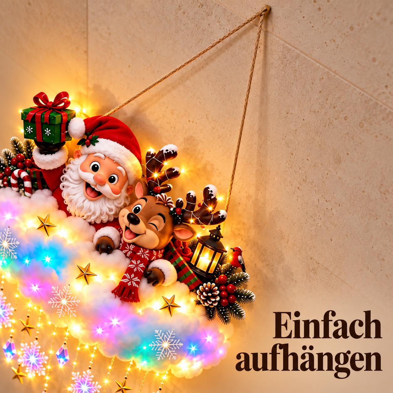 Oberer Aufh&auml;ngebereich der Weihnachts-Wolkendeko mit sichtbarer Schnur