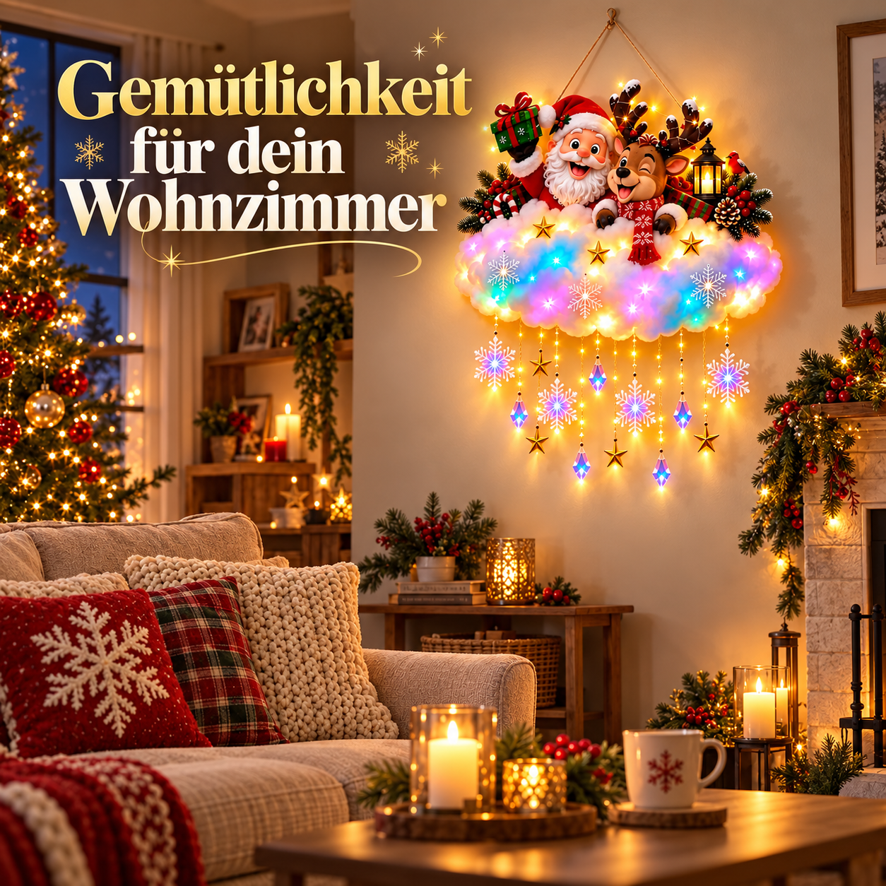 Wolkendeko als weihnachtlicher Blickfang an der Wohnzimmerwand