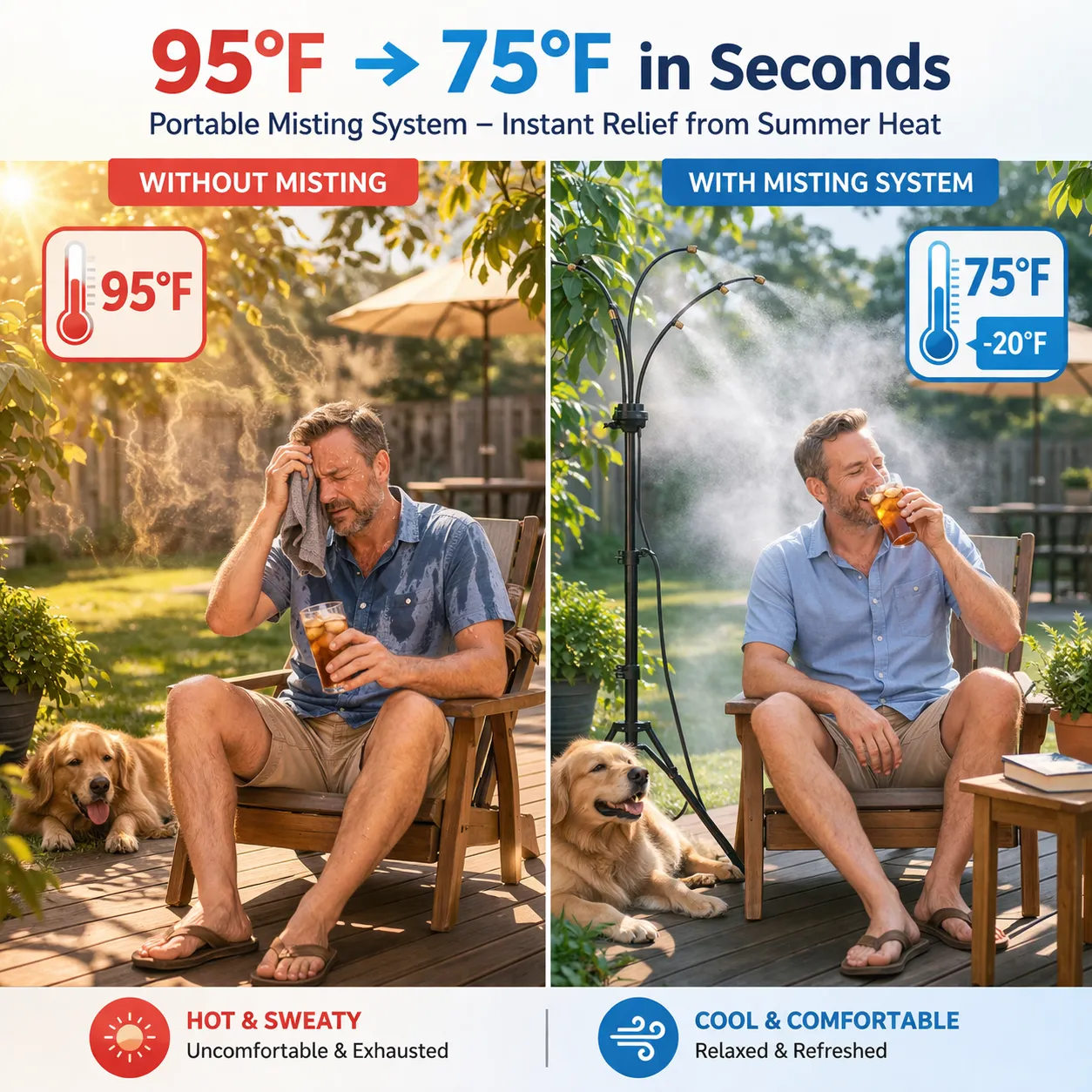 🌡 Portable Misting System: Drop your patio temperature by 20°F instantly without using a single watt of electricity. 🌬️