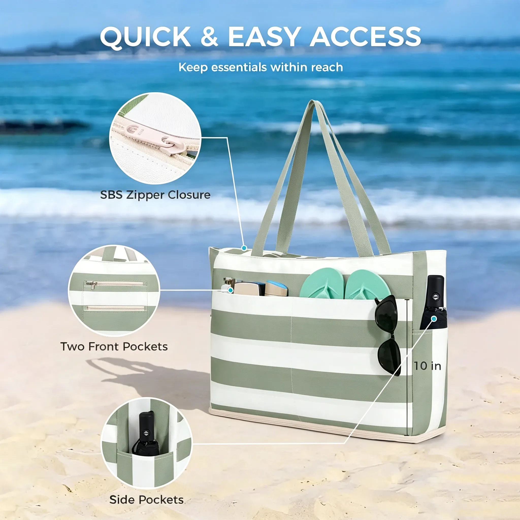 🏖️Beach Bag—Large, waterproof, sand-proof zippered tote with a water bottle pocket