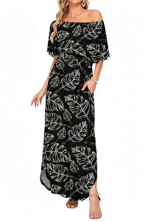 Women’s Off-Shoulder Boho Maxi Dress with Ruffle Sleeves & Side Slit