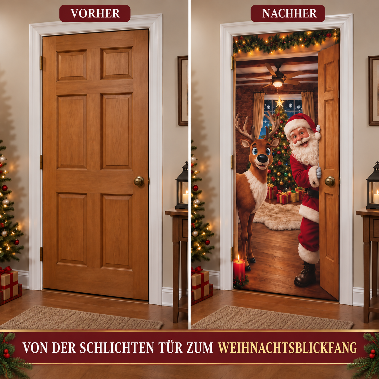 Dieselbe Tür vor und nach dem Anbringen der weihnachtlichen Türdekoration