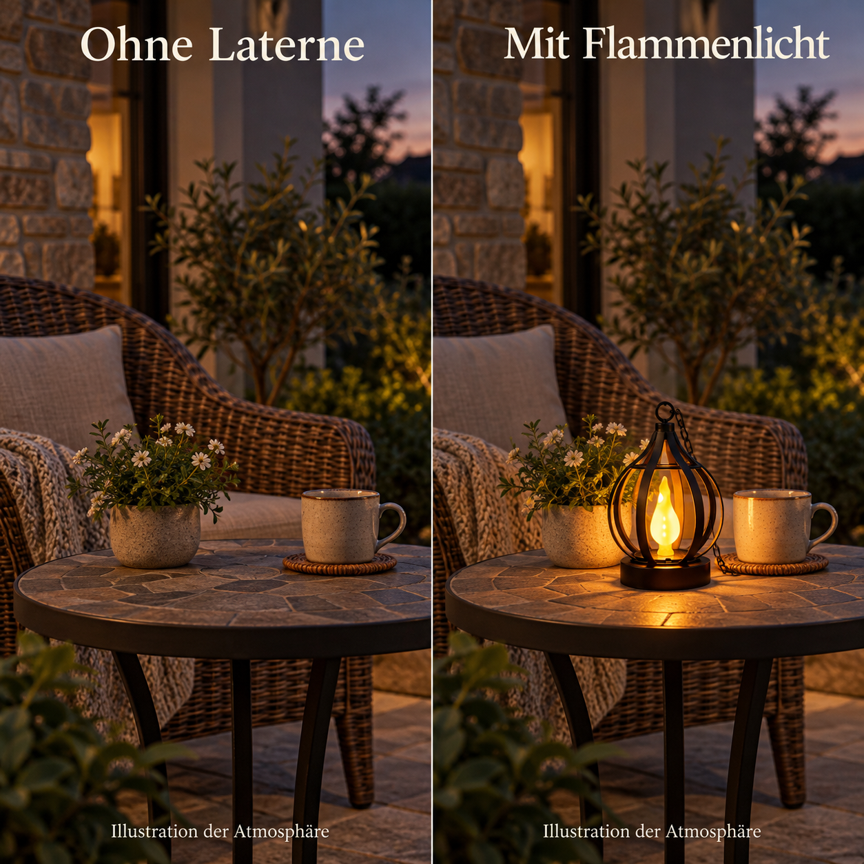 Gleiche Terrassenszene ohne Laterne und mit dem warmen Licht einer schwarzen Flammenlaterne