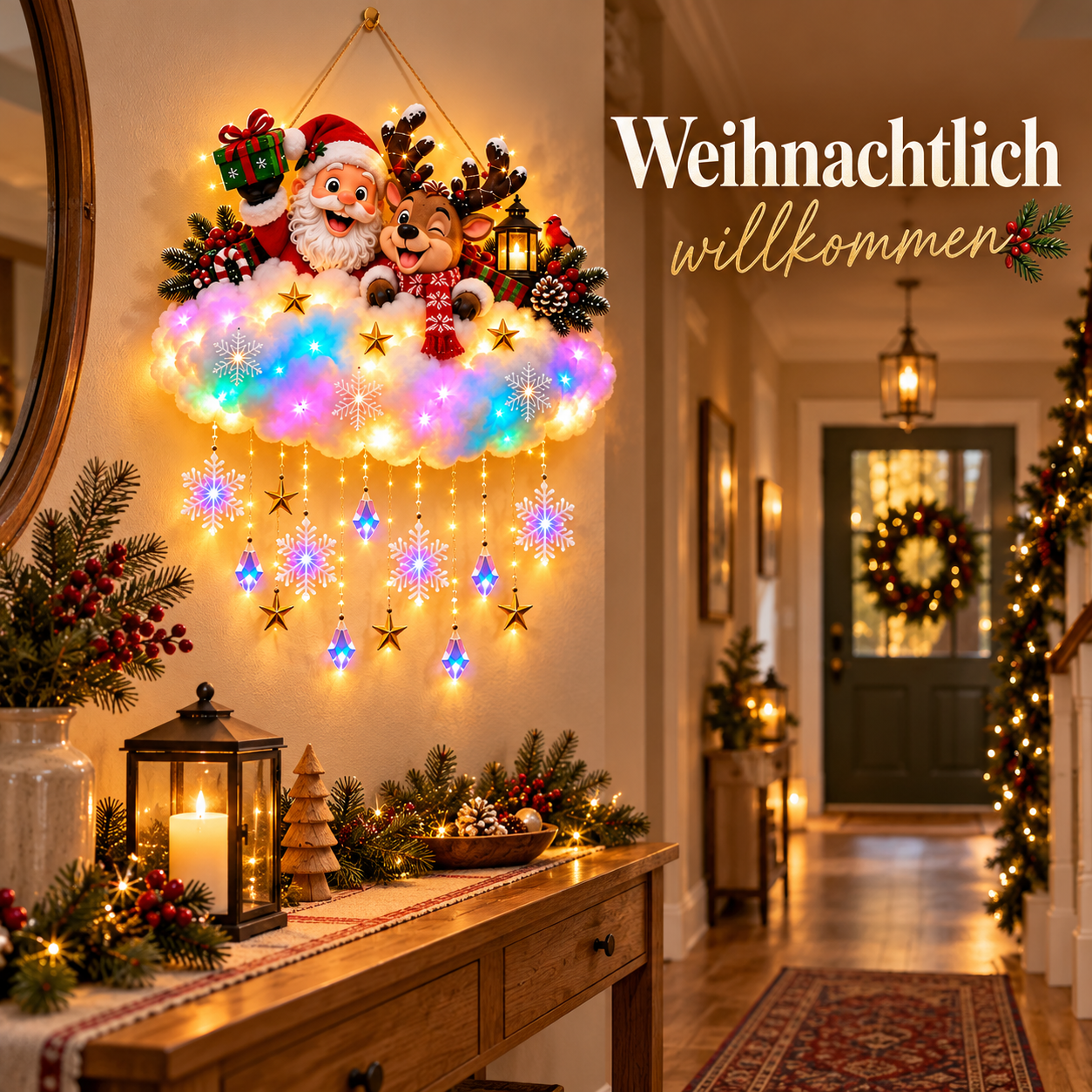 Weihnachtsdekoration an der Wand eines gem&uuml;tlichen Eingangsbereichs