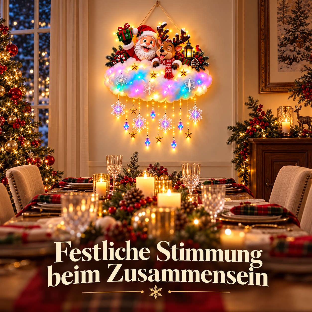 Wolkendeko an der Wand neben einer weihnachtlich gedeckten Tafel