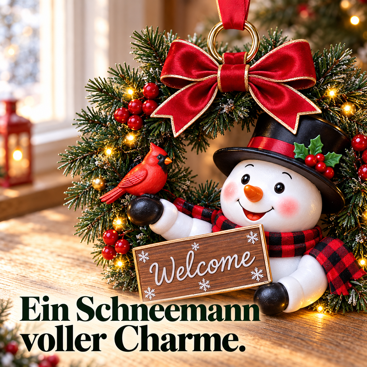 Detailansicht von Schneemann, roter Schleife und grünem Kranz