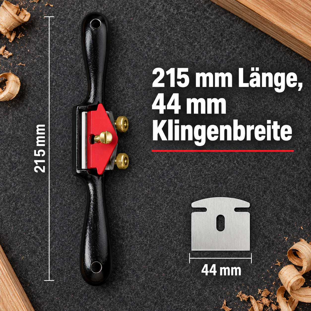 Ma&szlig;darstellung mit 215 mm Gesamtl&auml;nge und 44 mm Klingenbreite