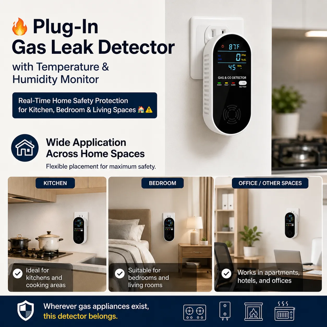 🔥 Plug-In Gas Leak Detector with Temperature & Humidity Monitor