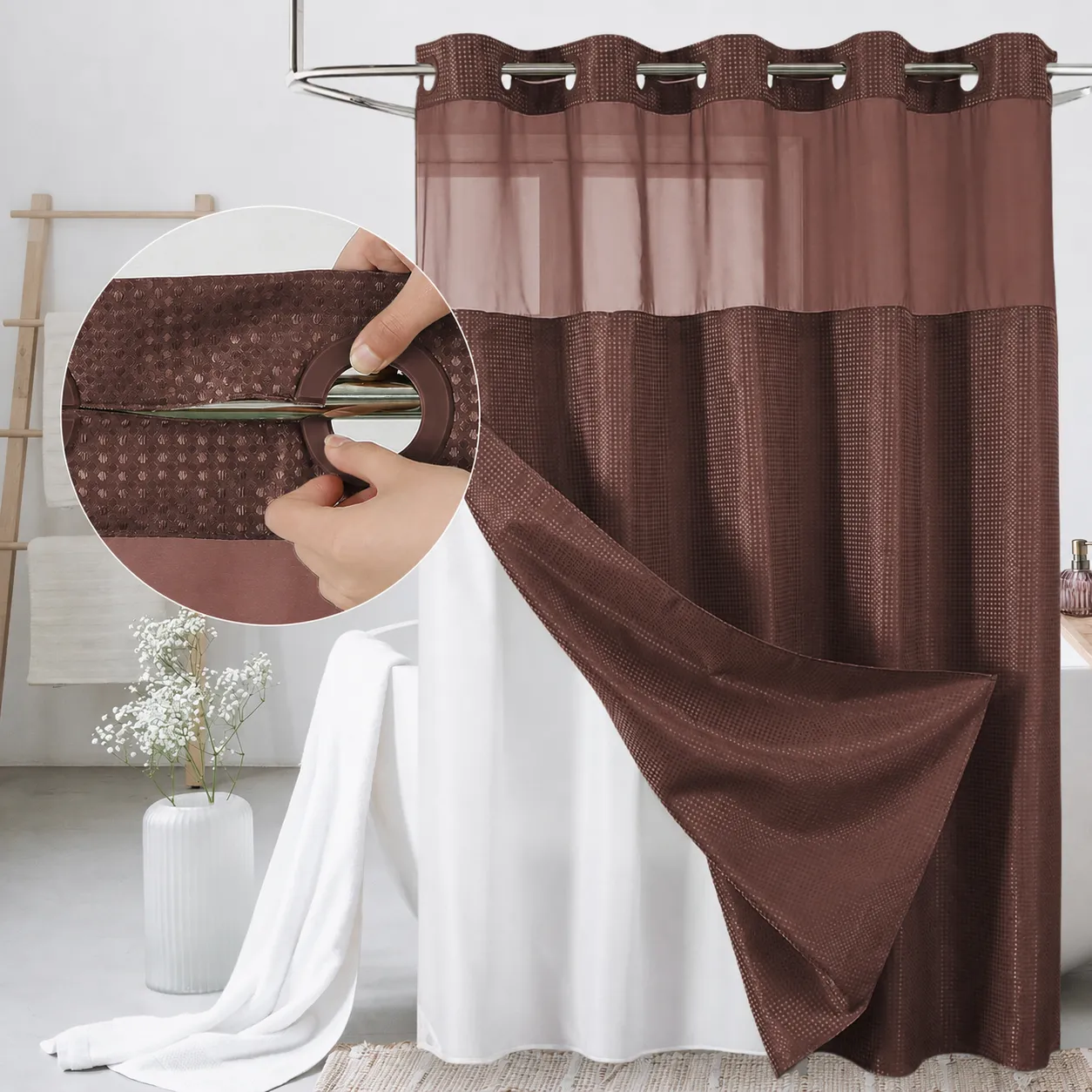 SpaView Hookless Waffle Shower Curtain with Snap-In Liner