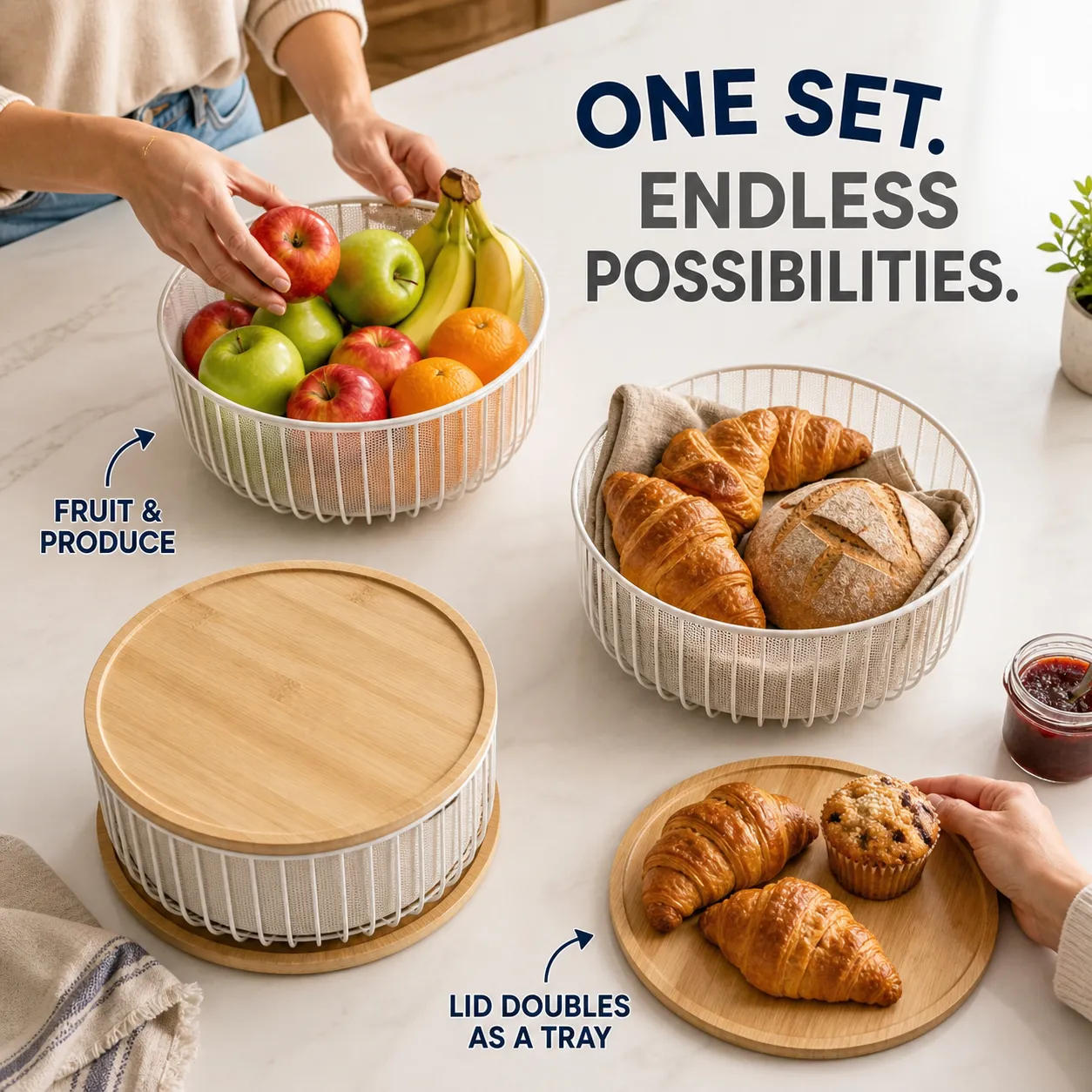 3-Piece Stackable Metal Fruit Basket Set with Wooden Lids