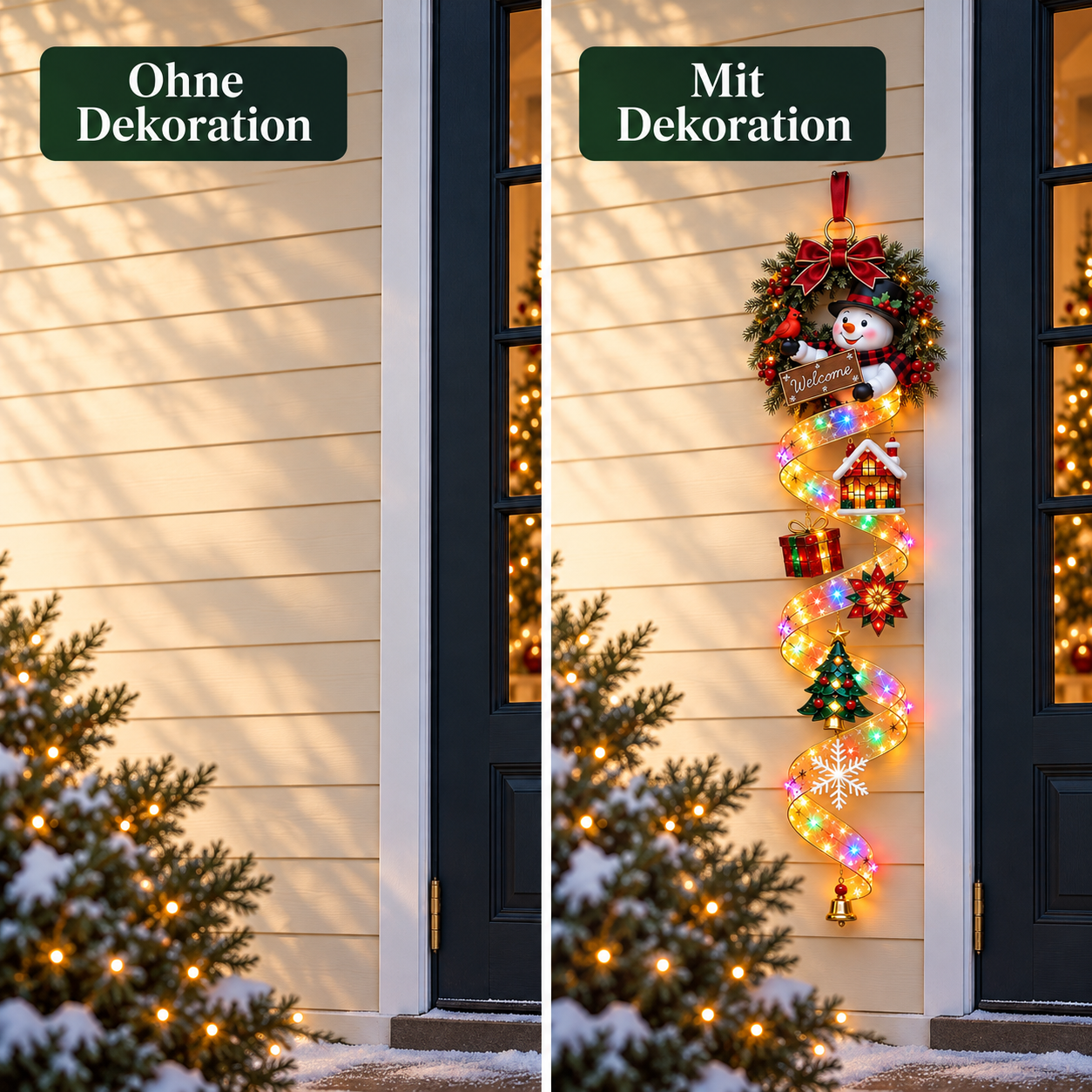 Derselbe Eingangsbereich ohne und mit Schneemann-Türschmuck bei gleicher Beleuchtung