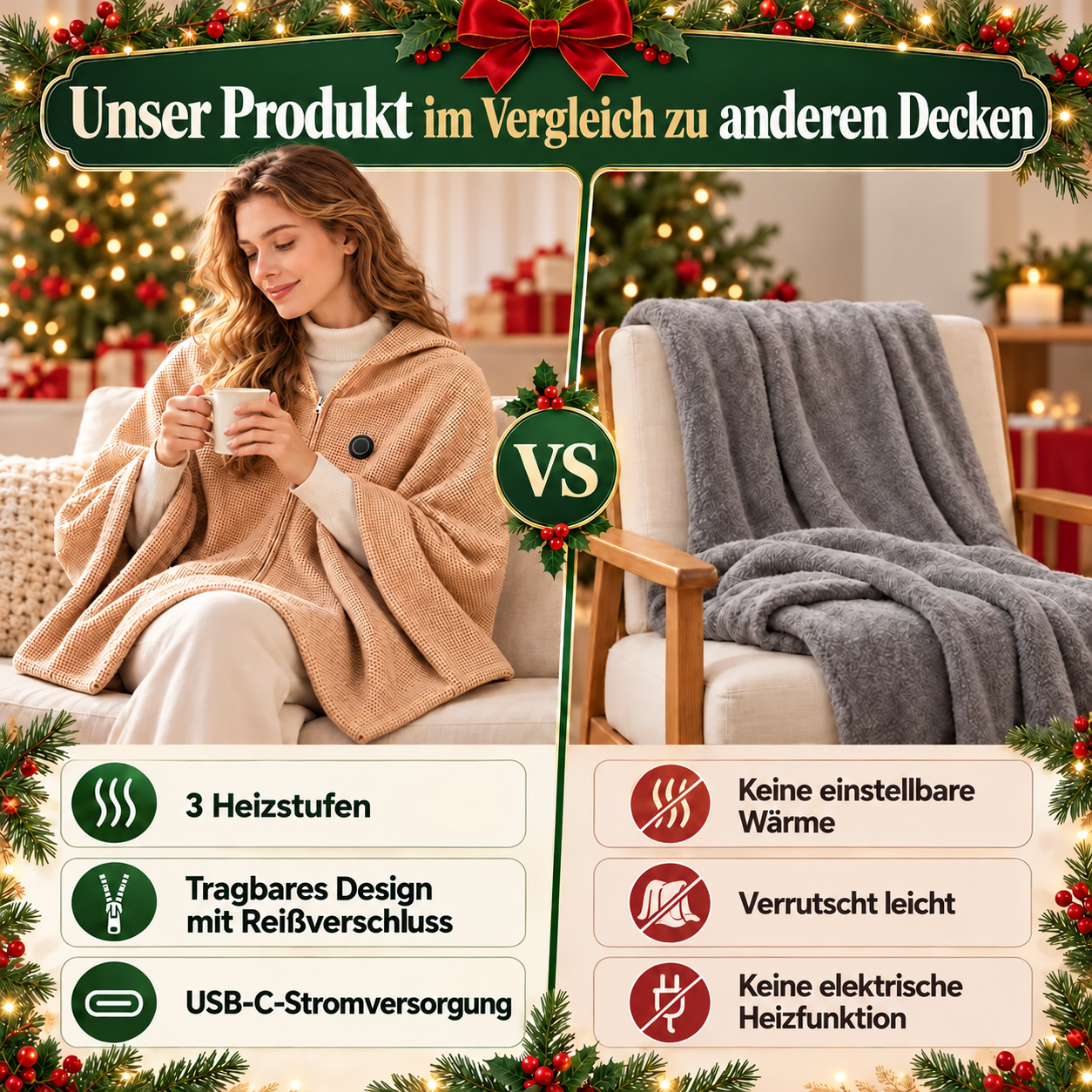 Vergleich eines tragbaren beheizbaren USB-C-Schals mit einer herkömmlichen unbeheizten Decke