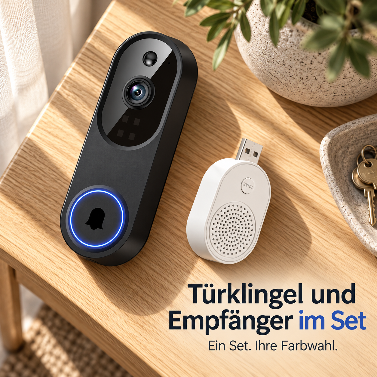 Schwarze Türklingel und weißer USB-Empfänger als Set auf einer Holzkonsole