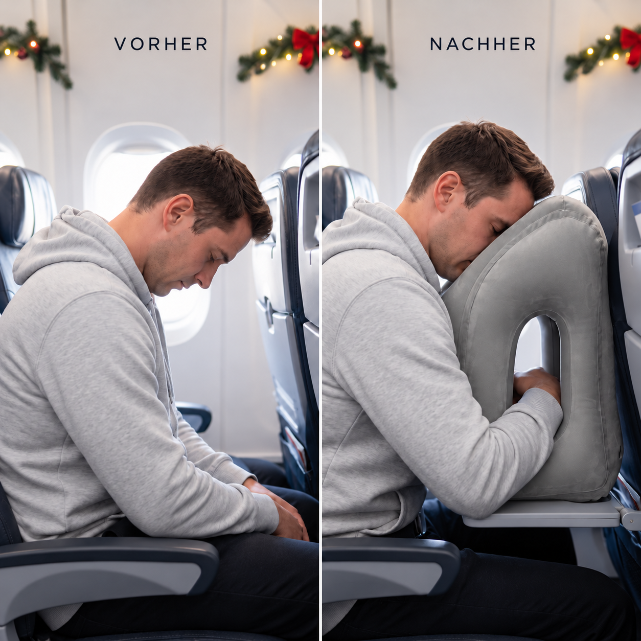 Vorher-Nachher-Vergleich der Ruheposition im Flugzeugsitz ohne und mit dem aufblasbaren Reisekissen zum Vorwärtslehnen