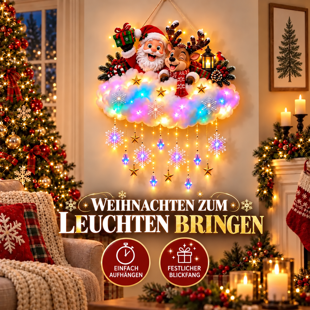 Weihnachts-Wolkendeko mit mehrfarbigem Licht und dem Schriftzug Weihnachten zum Leuchten bringen