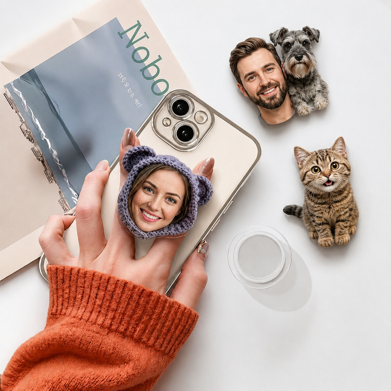 Custom 3D Sculpted Pet Phone Grip, Personalized Dog Cat Photo Phone Stand, Embossed Texture Cute Animal Head Cell Phone Holder, Unique Memorial Pet Lover Gift Compatible with All Smartphones
