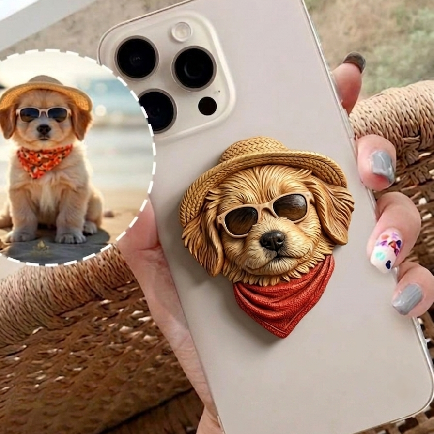 Custom 3D Sculpted Pet Phone Grip, Personalized Dog Cat Photo Phone Stand, Embossed Texture Cute Animal Head Cell Phone Holder, Unique Memorial Pet Lover Gift Compatible with All Smartphones