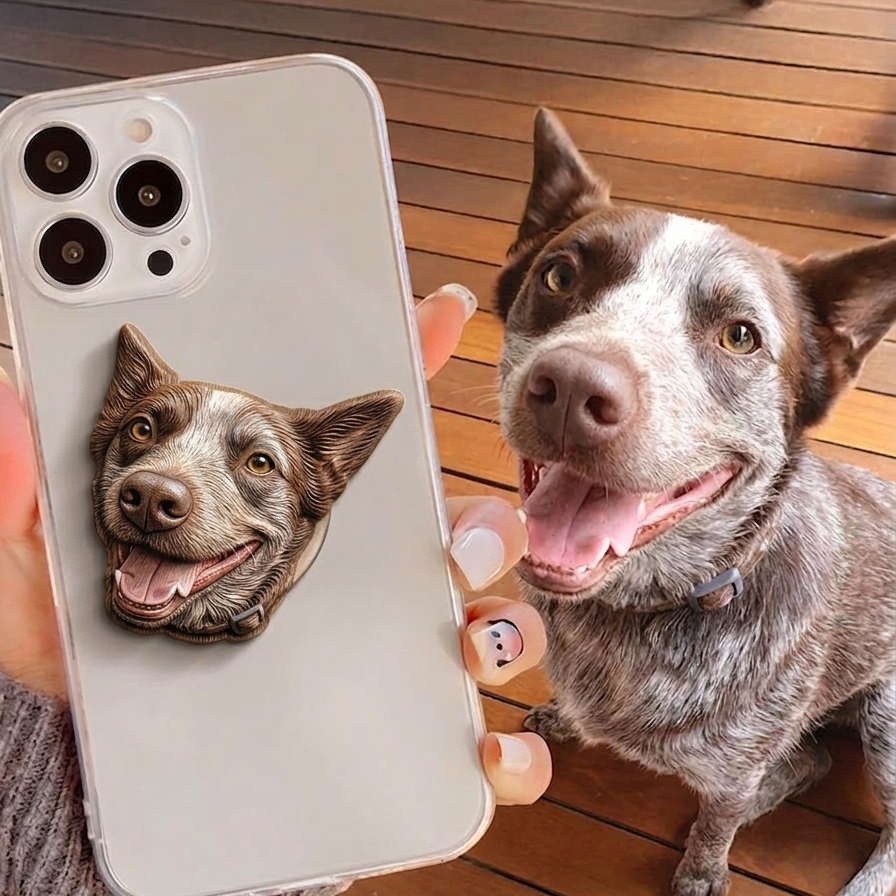 Custom 3D Sculpted Pet Phone Grip, Personalized Dog Cat Photo Phone Stand, Embossed Texture Cute Animal Head Cell Phone Holder, Unique Memorial Pet Lover Gift Compatible with All Smartphones