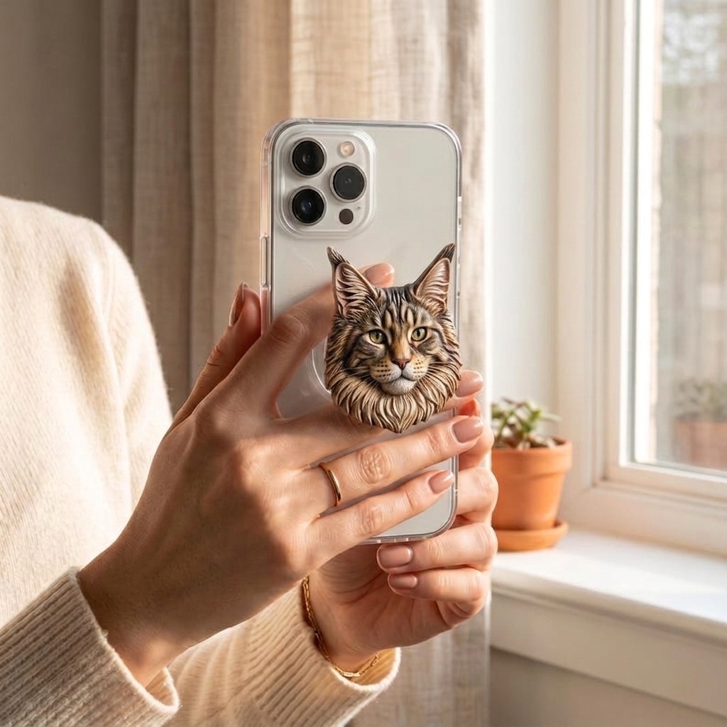 Custom 3D Sculpted Pet Phone Grip, Personalized Dog Cat Photo Phone Stand, Embossed Texture Cute Animal Head Cell Phone Holder, Unique Memorial Pet Lover Gift Compatible with All Smartphones
