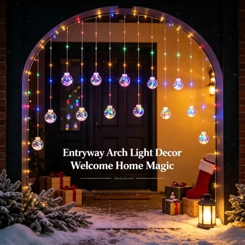 Colorful crackle globe lights arranged around a holiday entryway arch