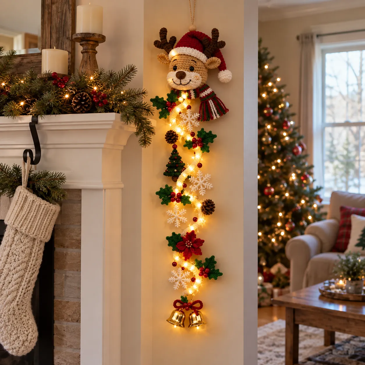 Christmas decoration near a mantel and tree