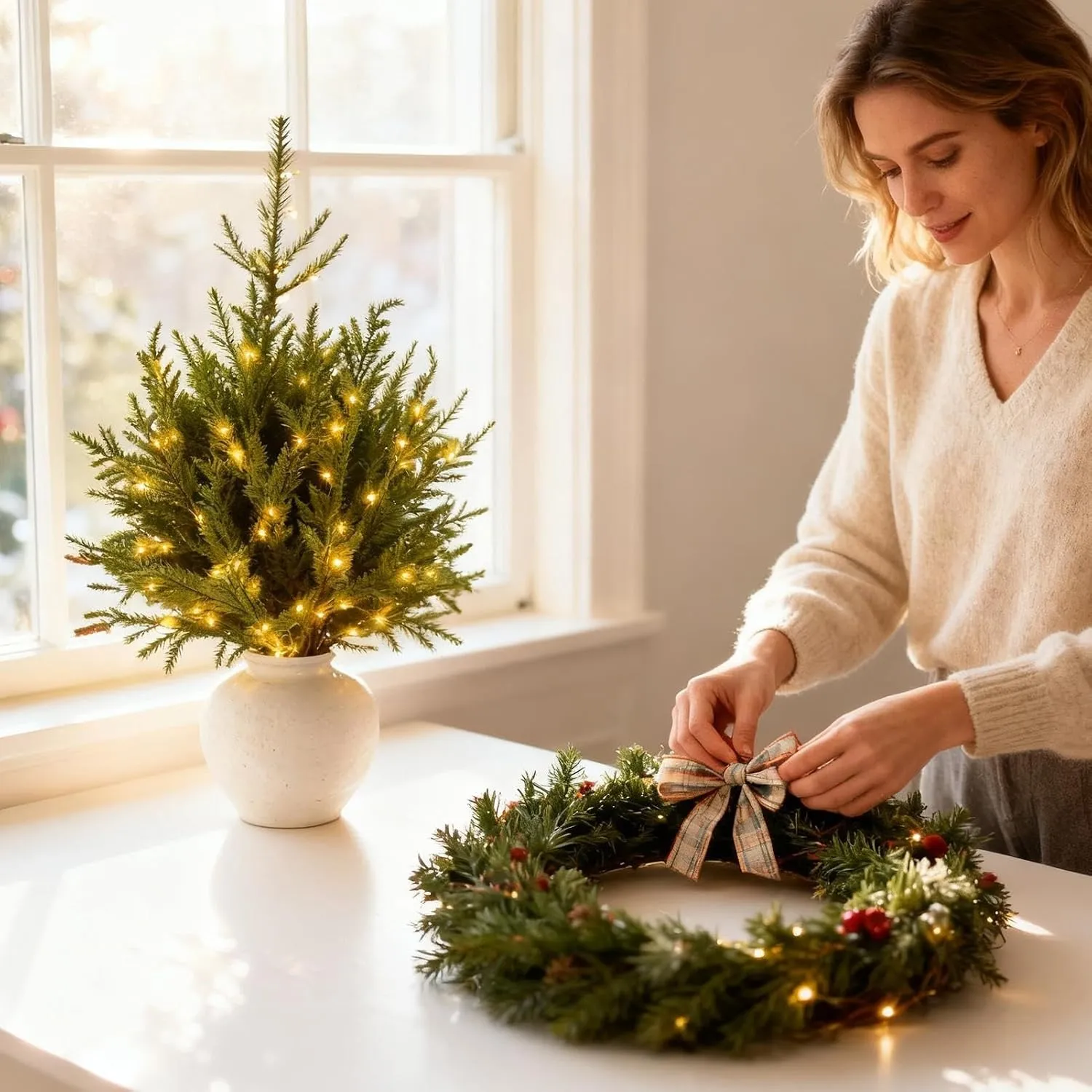 A woman crafting seasonal decor beside a lighted pine arrangement