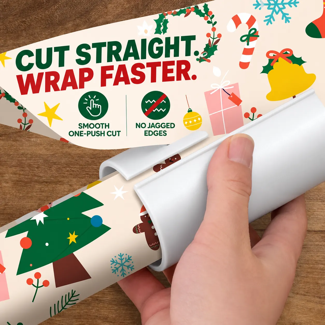 White wrapping paper cutter showing its long front feed opening and guide lip