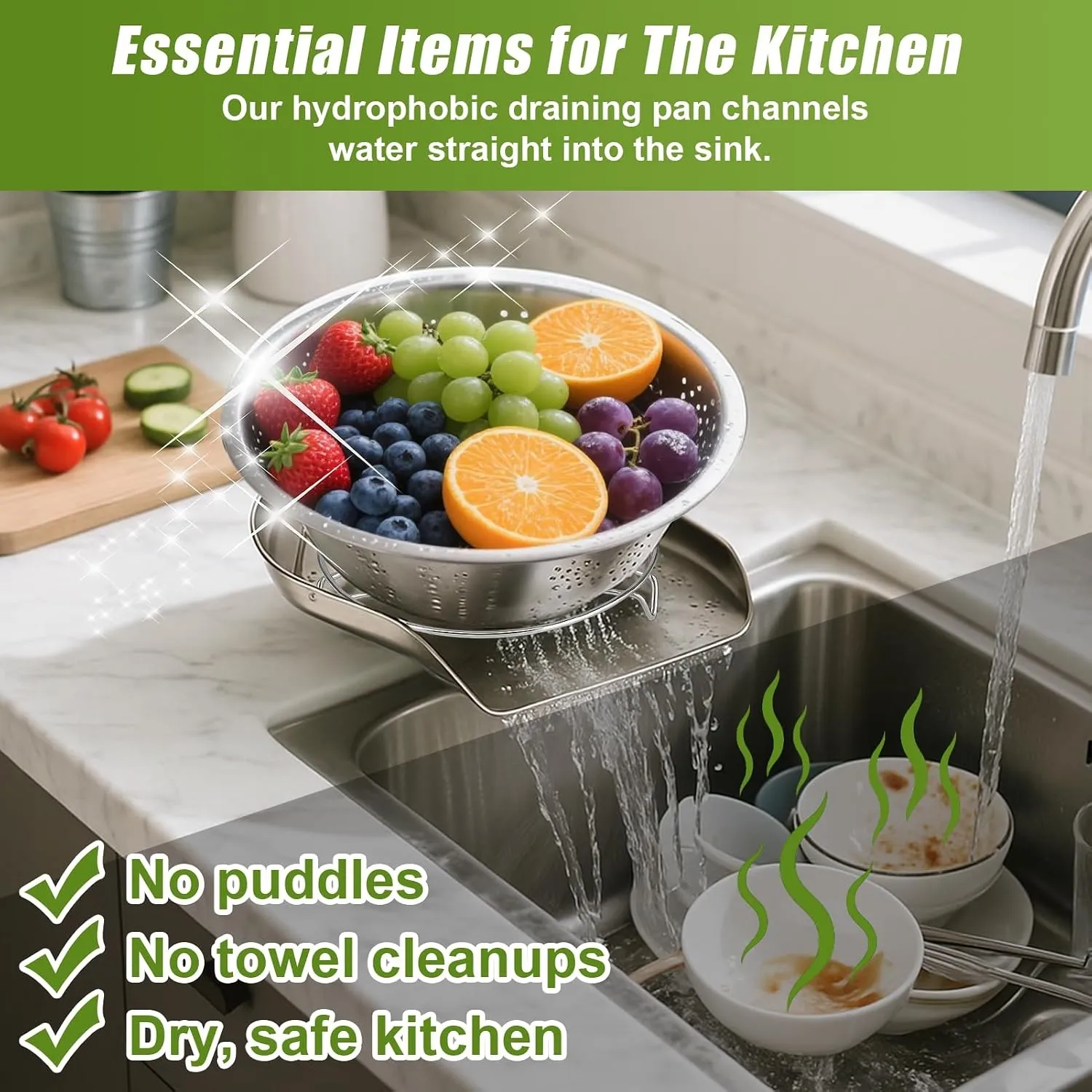 Colander draining fruit toward sink