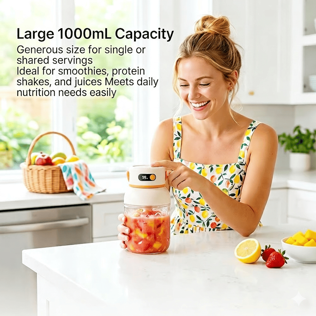 Person holding juicer cup outdoors