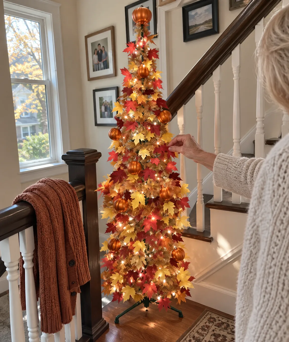 Slim fall tree arranged beside a staircase in daylight
