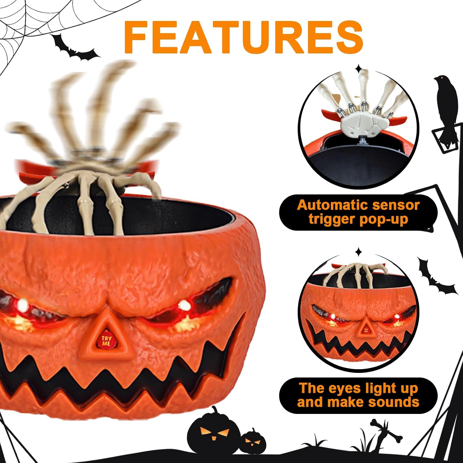 Animierte Halloween-Süßigkeitenschale mit Skeletthand, Licht und Ton