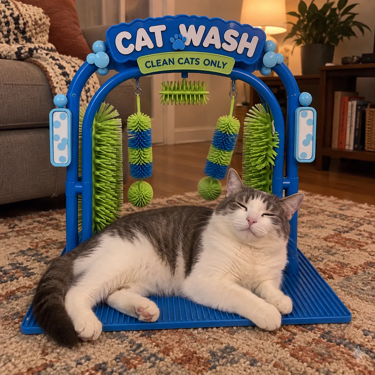 Gray and white cat relaxing on the grooming station base
