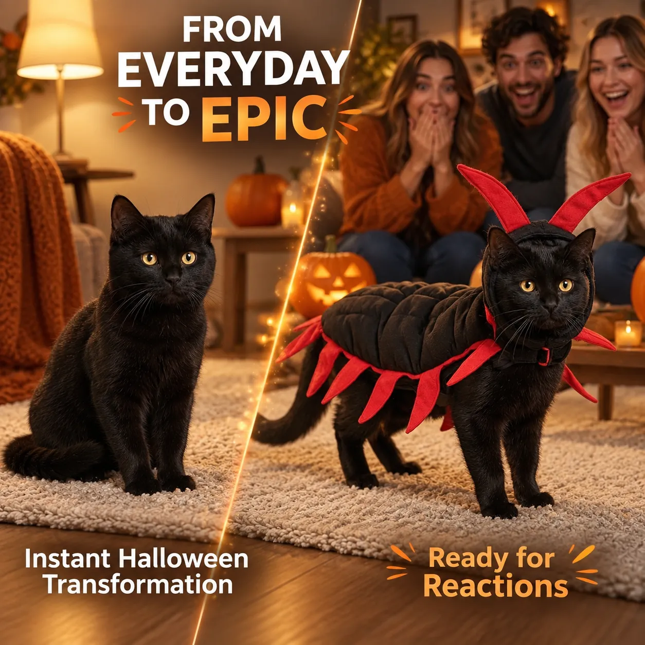 Everyday black cat transformed into a playful centipede for Halloween