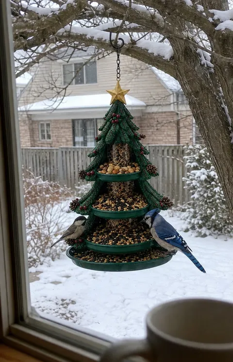 Christmas tree feeder viewed through a snowy kitchen window