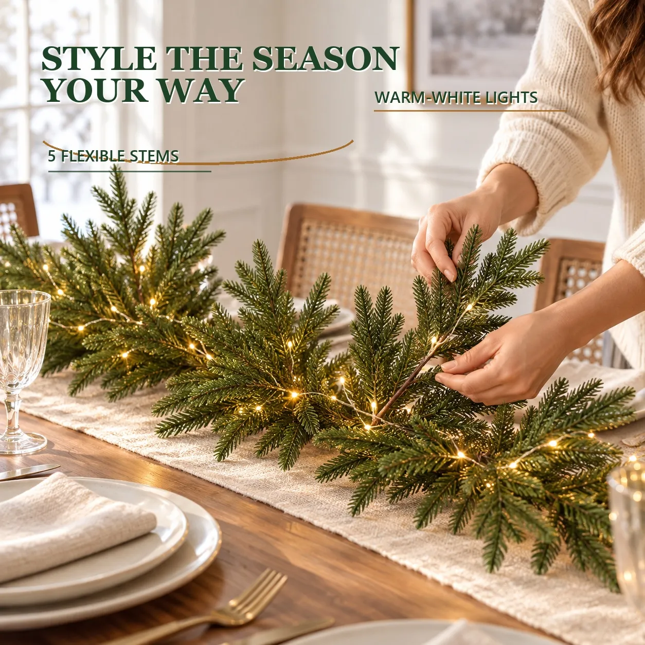 Five flexible pine stems shaped into a glowing holiday table display