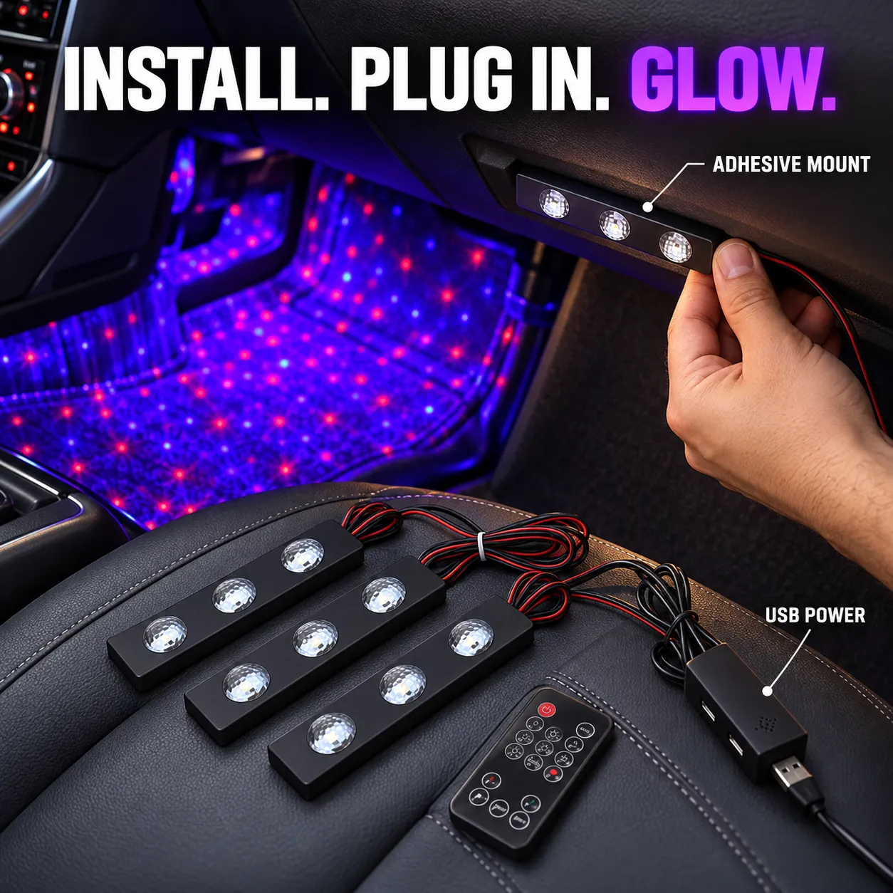 Hands mounting a three-lens footwell light bar under the dashboard