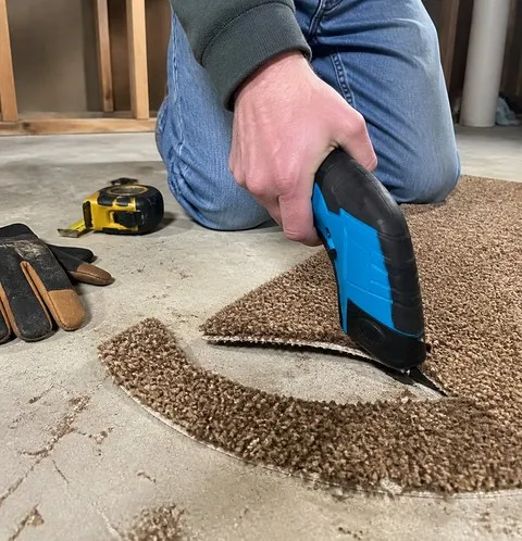 Blue electric scissors used with carpet