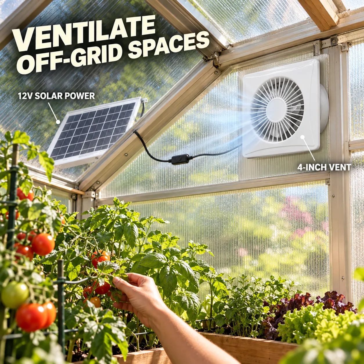Solar exhaust fan ventilating a sunny greenhouse