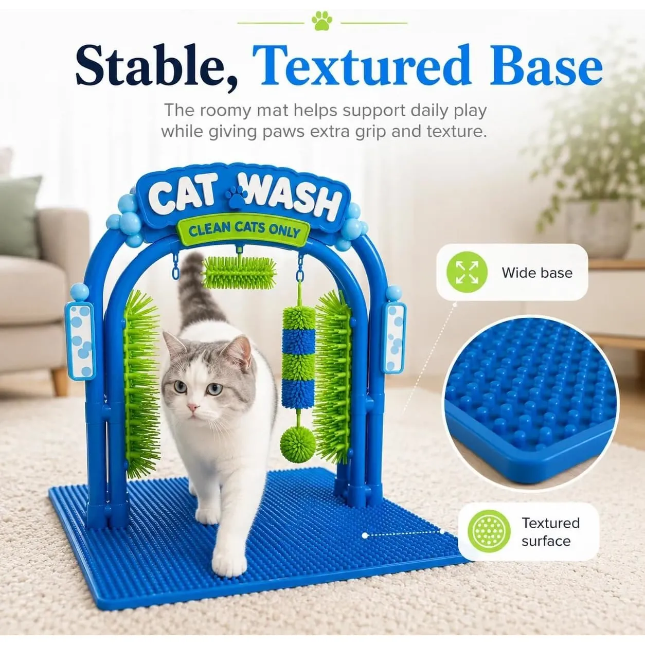 Wide textured base supporting a cat during use